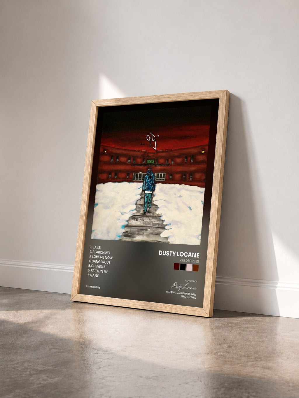 #bois Tableau de l'album -95 DEGREES de Dusty Locane vu de trois quarts, cadre en bois brut