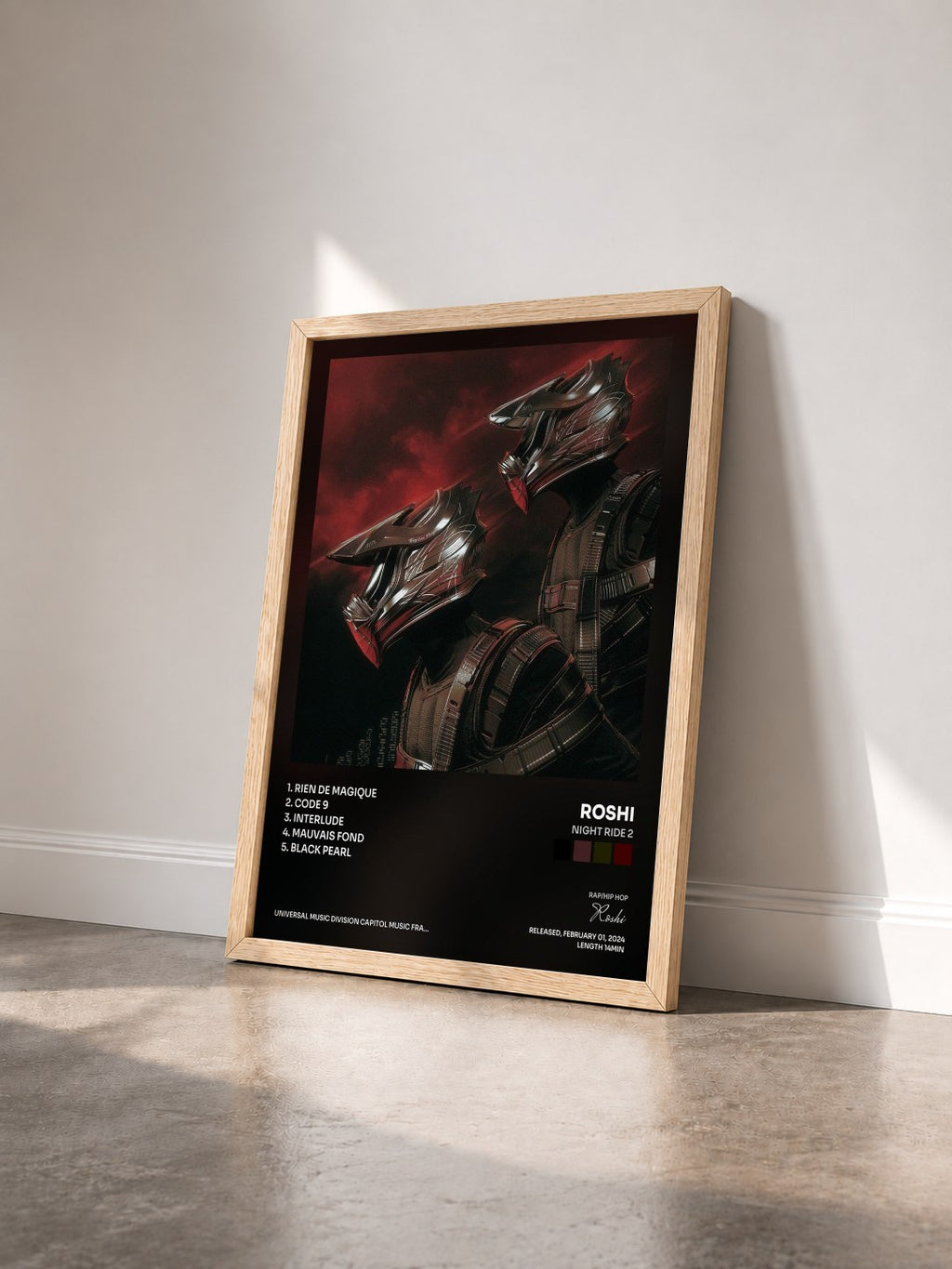 #bois Tableau de l'album NIGHT RIDE 2 de Roshi vu de trois quarts, cadre en bois brut