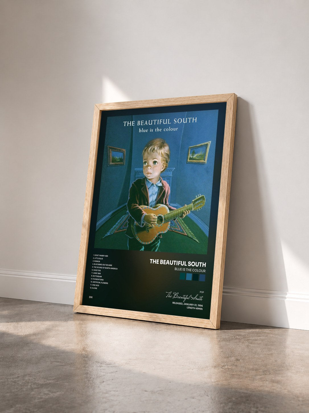 #bois Tableau de l'album Blue Is The Colour de The Beautiful South vu de trois quarts, cadre en bois brut