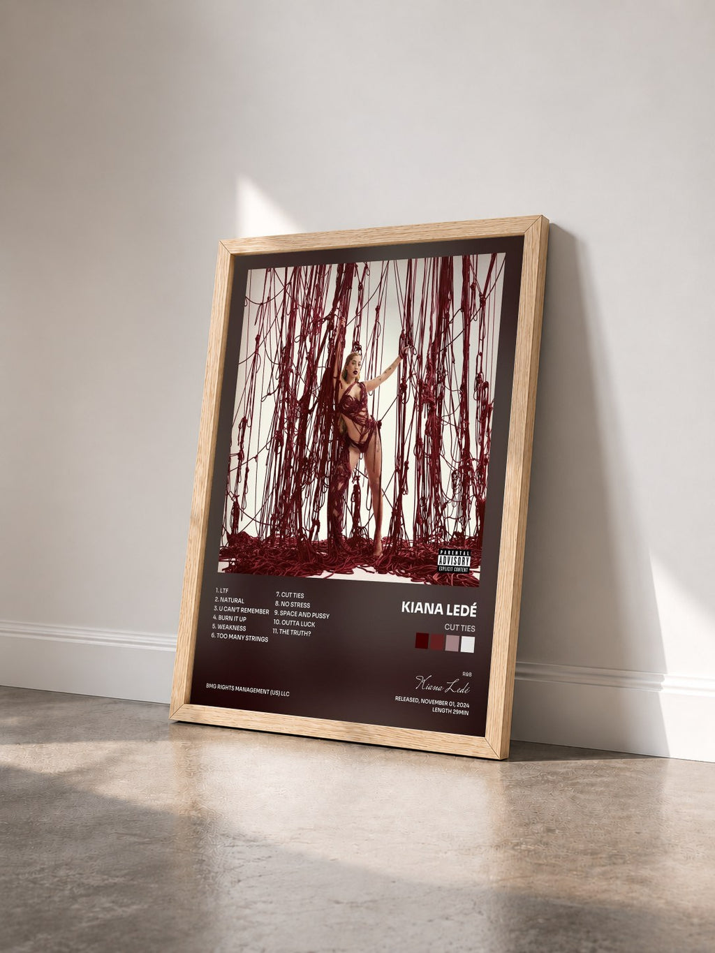 #bois Tableau de l'album Cut Ties de Kiana Ledé vu de trois quarts, cadre en bois brut