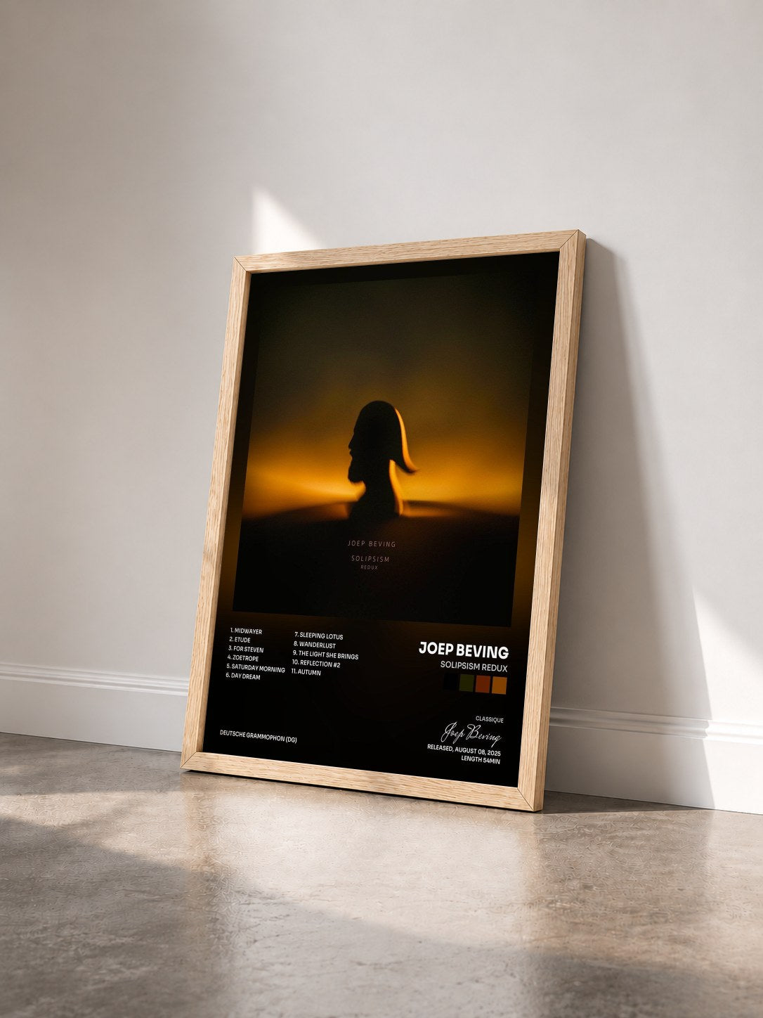 #bois Tableau de l'album Solipsism Redux de Joep Beving vu de trois quarts, cadre en bois brut