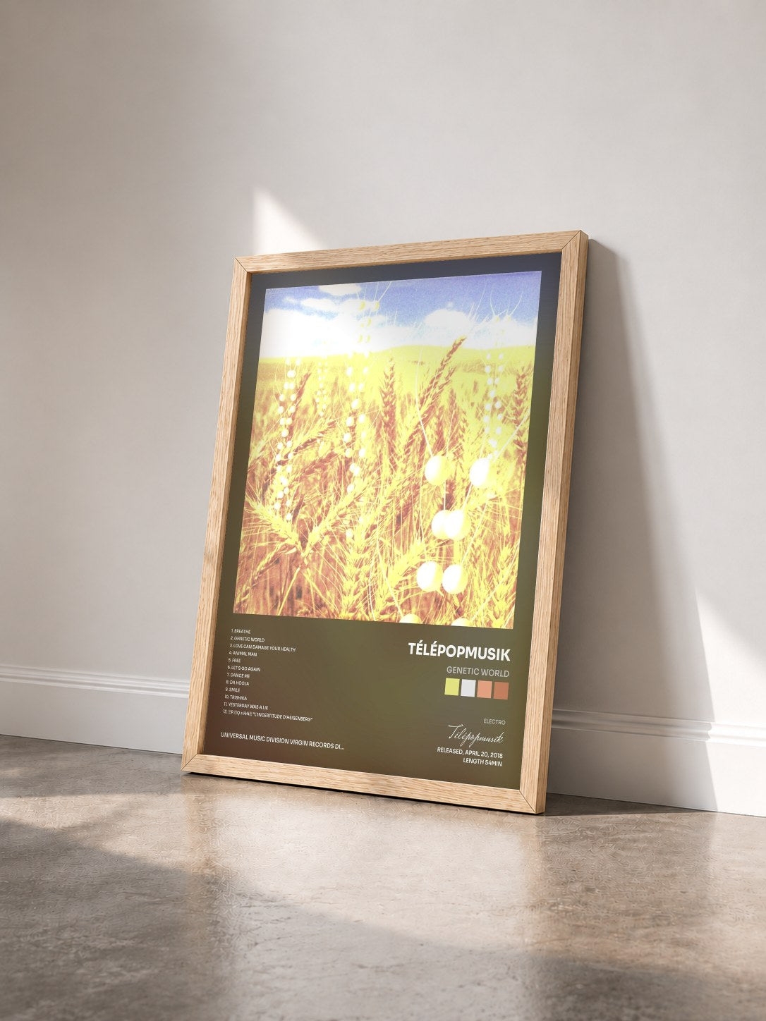 #bois Tableau de l'album Genetic World de Télépopmusik vu de trois quarts, cadre en bois brut