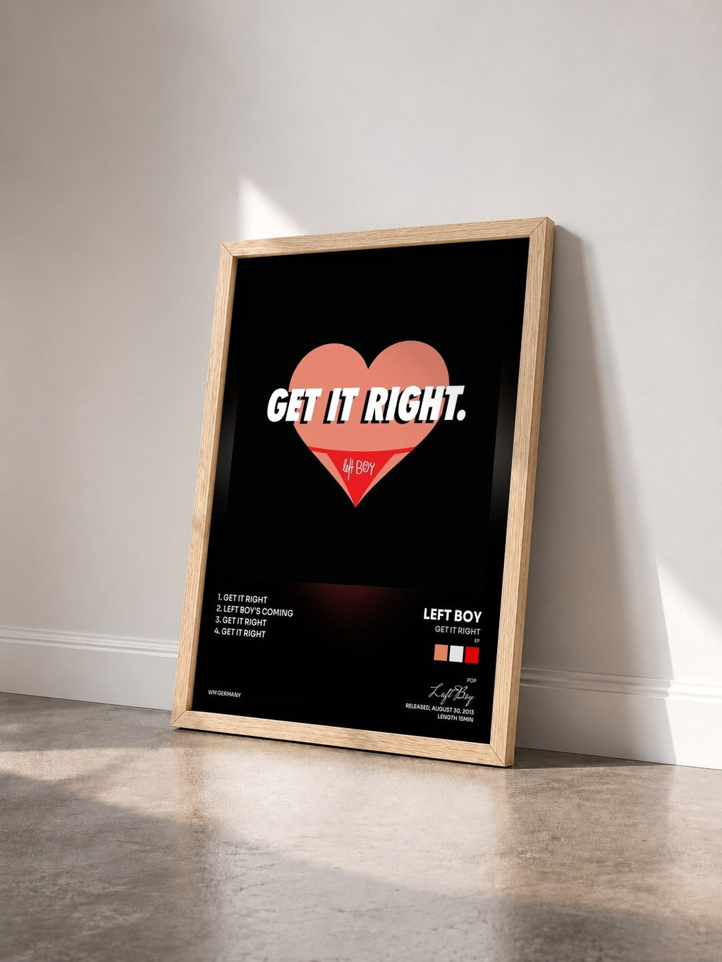 #bois Tableau de l'album Get It Right (EP) de Left Boy vu de trois quarts, cadre en bois brut