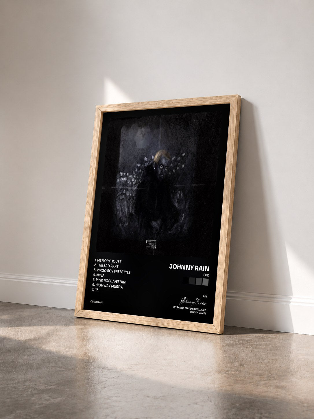 #bois Tableau de l'album EP2 de Johnny Rain vu de trois quarts, cadre en bois brut