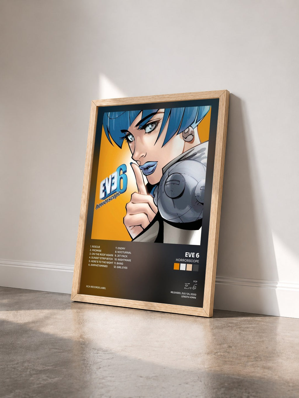 #bois Tableau de l'album Horrorscope de Eve 6 vu de trois quarts, cadre en bois brut