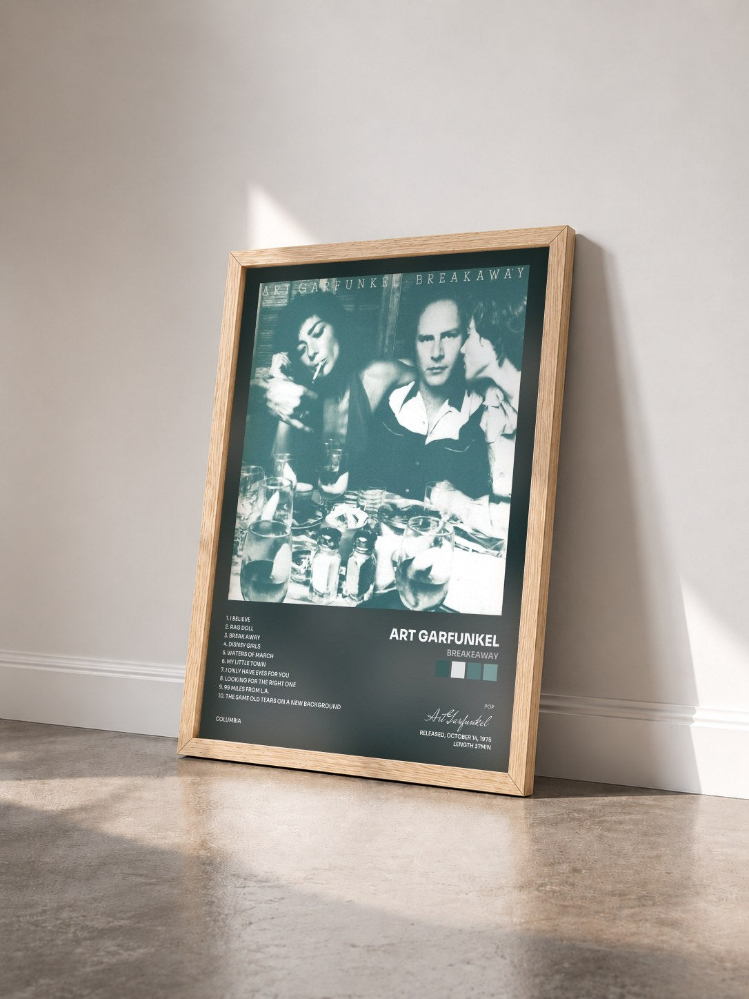 #bois Tableau de l'album Breakeaway de Art Garfunkel vu de trois quarts, cadre en bois brut
