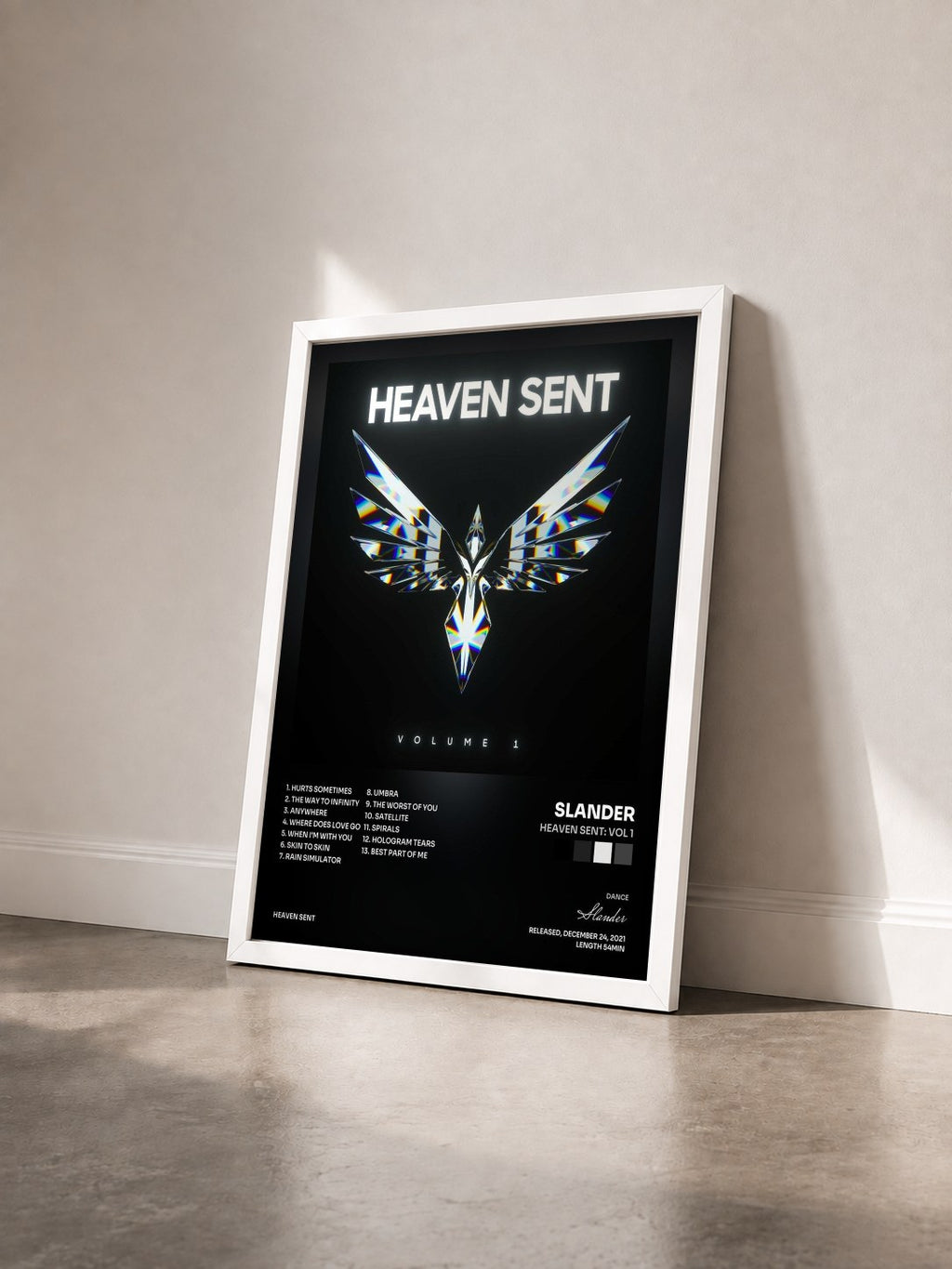 #blanc Tableau de l'album Heaven Sent: Vol 1 de Slander vu de trois quarts, cadre blanc