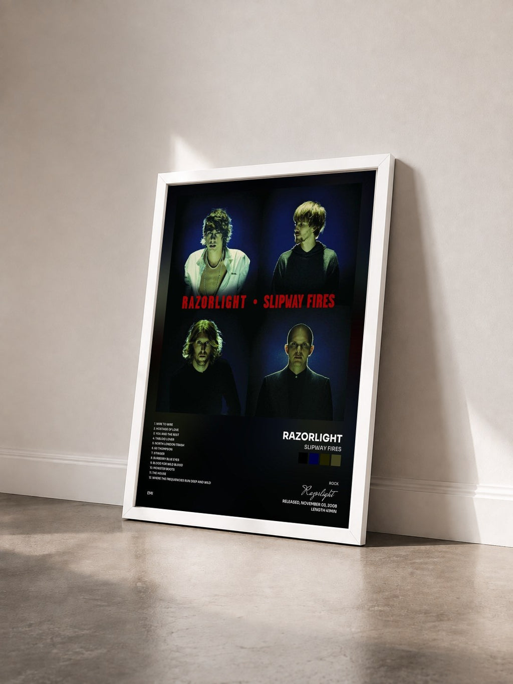 #blanc Tableau de l'album Slipway Fires de Razorlight vu de trois quarts, cadre blanc