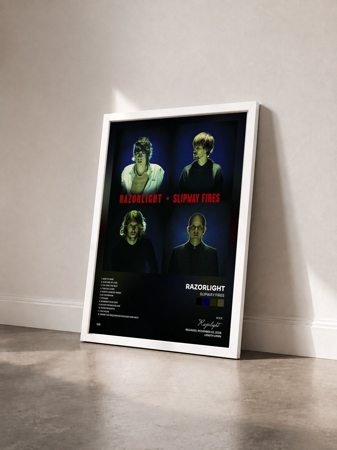 #blanc Tableau de l'album Slipway Fires de Razorlight vu de trois quarts, cadre blanc