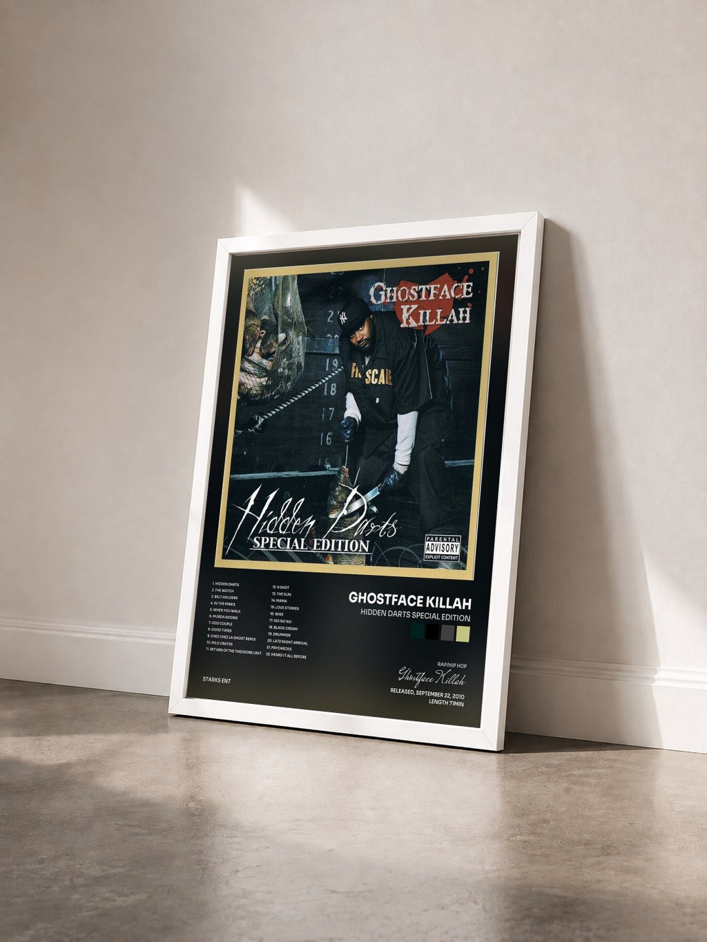#blanc Tableau de l'album Hidden Darts Special Edition de Ghostface Killah vu de trois quarts, cadre blanc
