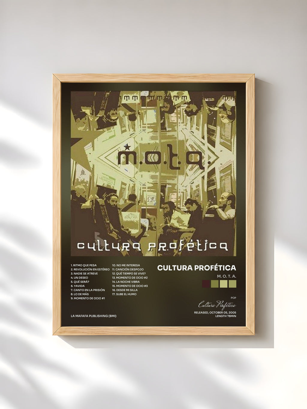 #bois Tableau de l'album M. O. T. A. de Cultura Profética, cadre en bois brut, imprimé et encadré en France