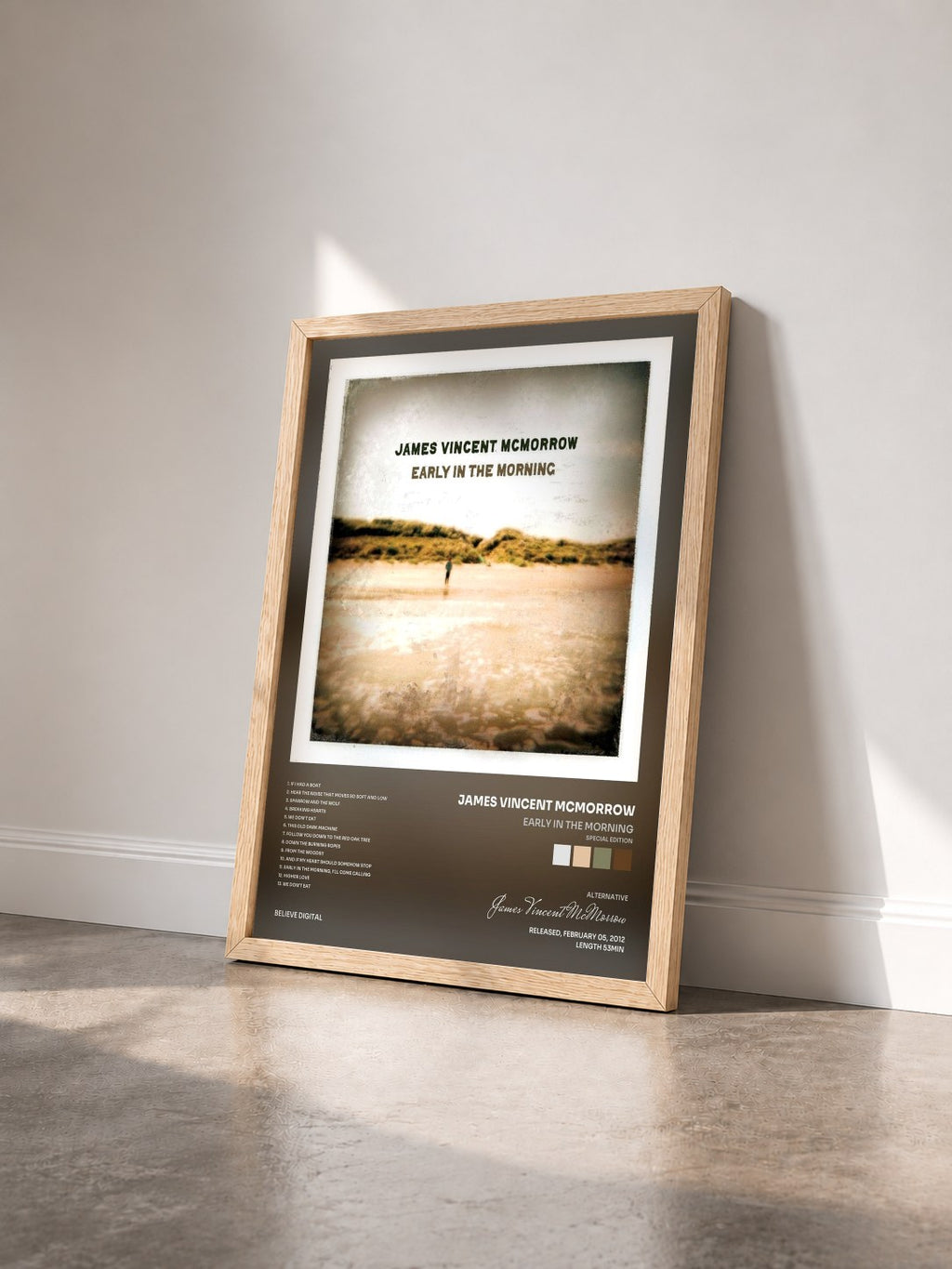 #bois Tableau de l'album Early in the Morning (Special Edition) de James Vincent McMorrow vu de trois quarts, cadre en bois brut