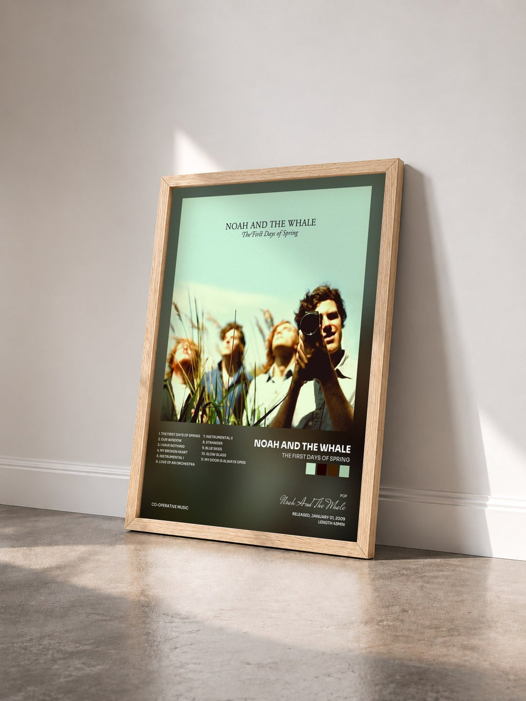 #bois Tableau de l'album The First Days Of Spring de Noah And The Whale vu de trois quarts, cadre en bois brut