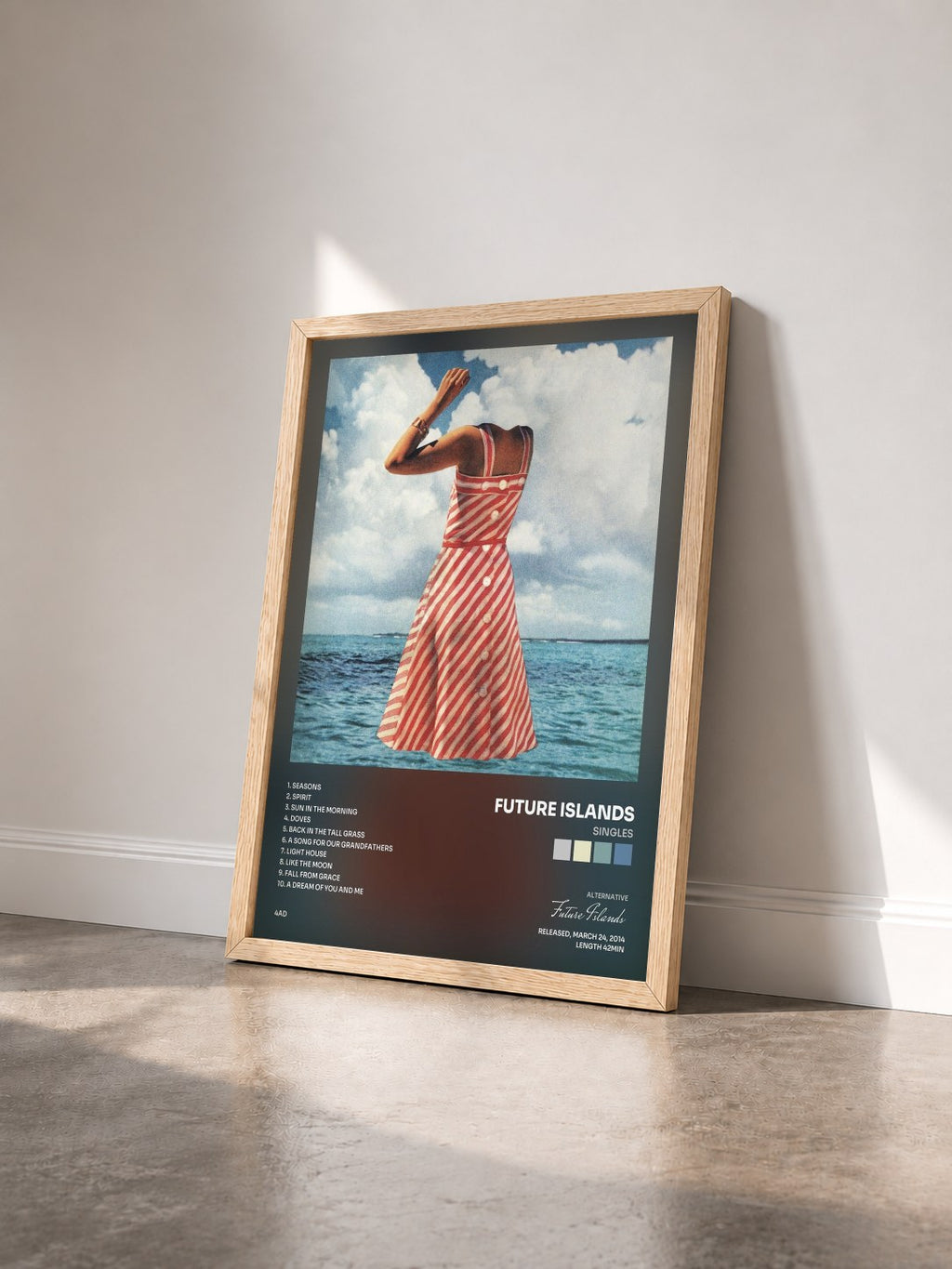 #bois Tableau de l'album Singles de Future Islands vu de trois quarts, cadre en bois brut