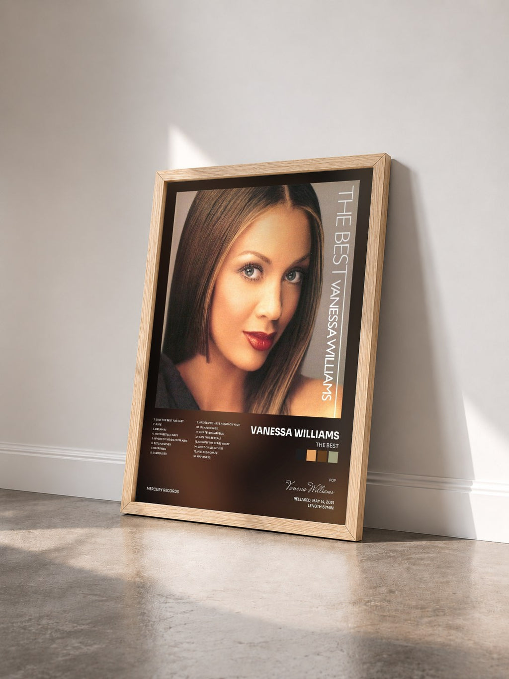 #bois Tableau de l'album The Best de Vanessa Williams vu de trois quarts, cadre en bois brut
