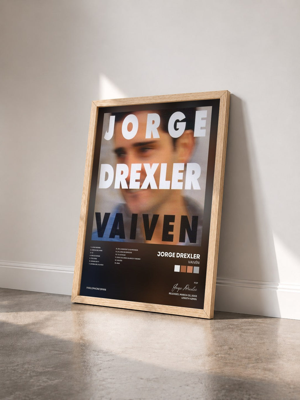 #bois Tableau de l'album Vaivén de Jorge Drexler vu de trois quarts, cadre en bois brut