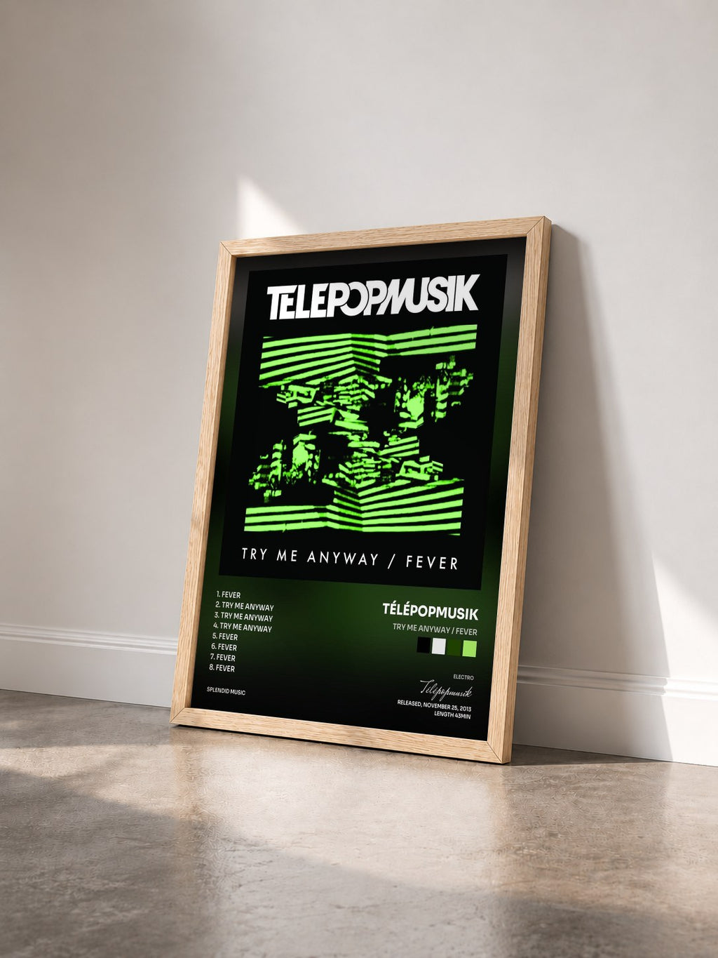 #bois Tableau de l'album Try Me Anyway / Fever de Télépopmusik vu de trois quarts, cadre en bois brut
