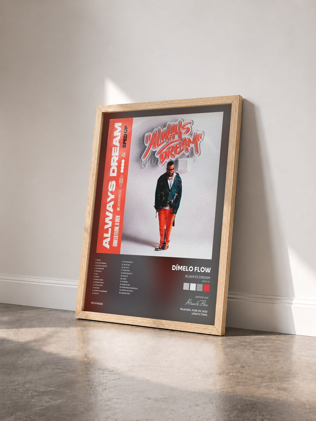 #bois Tableau de l'album Always Dream (Sped Up) de Dímelo Flow vu de trois quarts, cadre en bois brut
