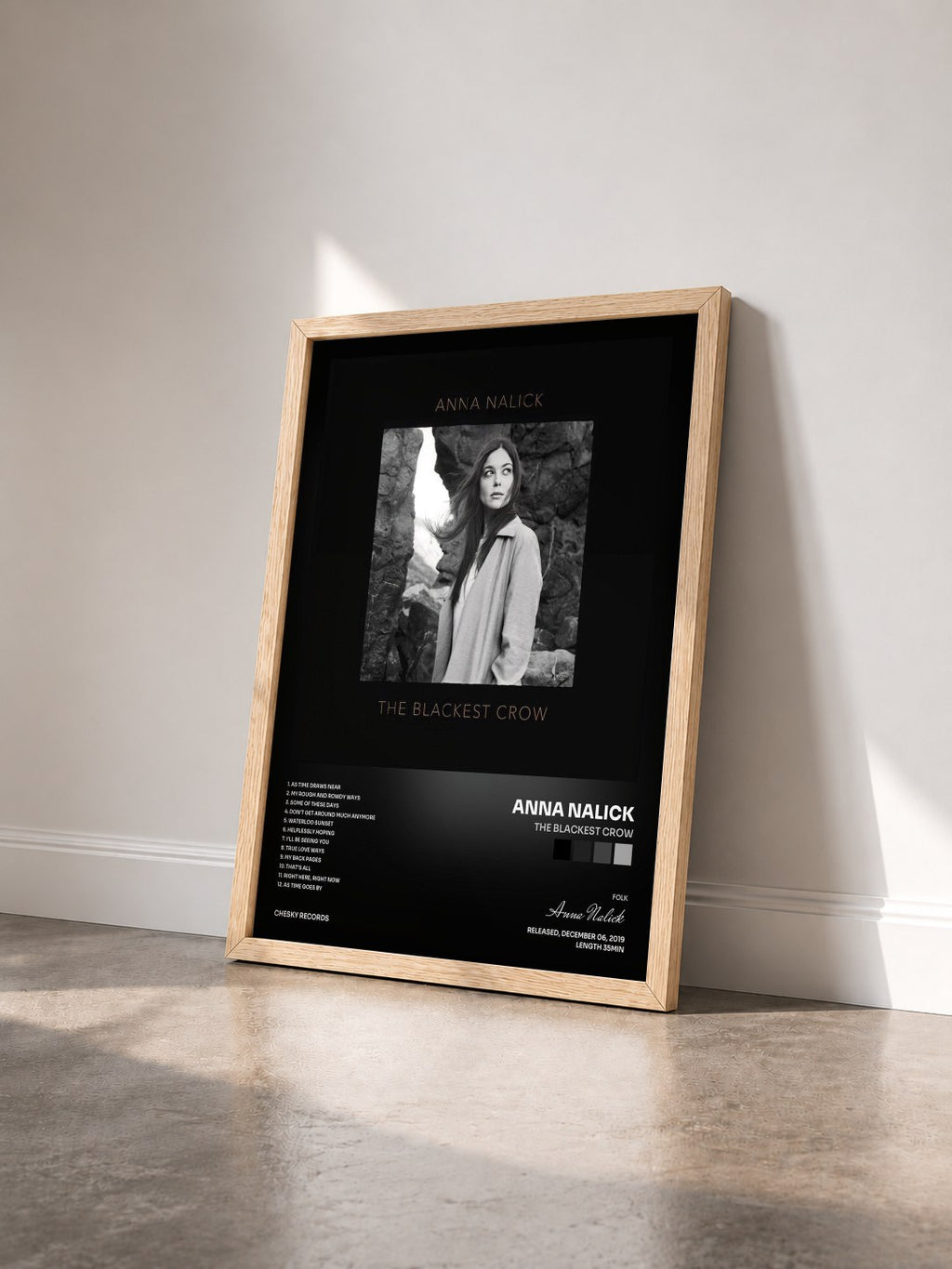 #bois Tableau de l'album The Blackest Crow de Anna Nalick vu de trois quarts, cadre en bois brut