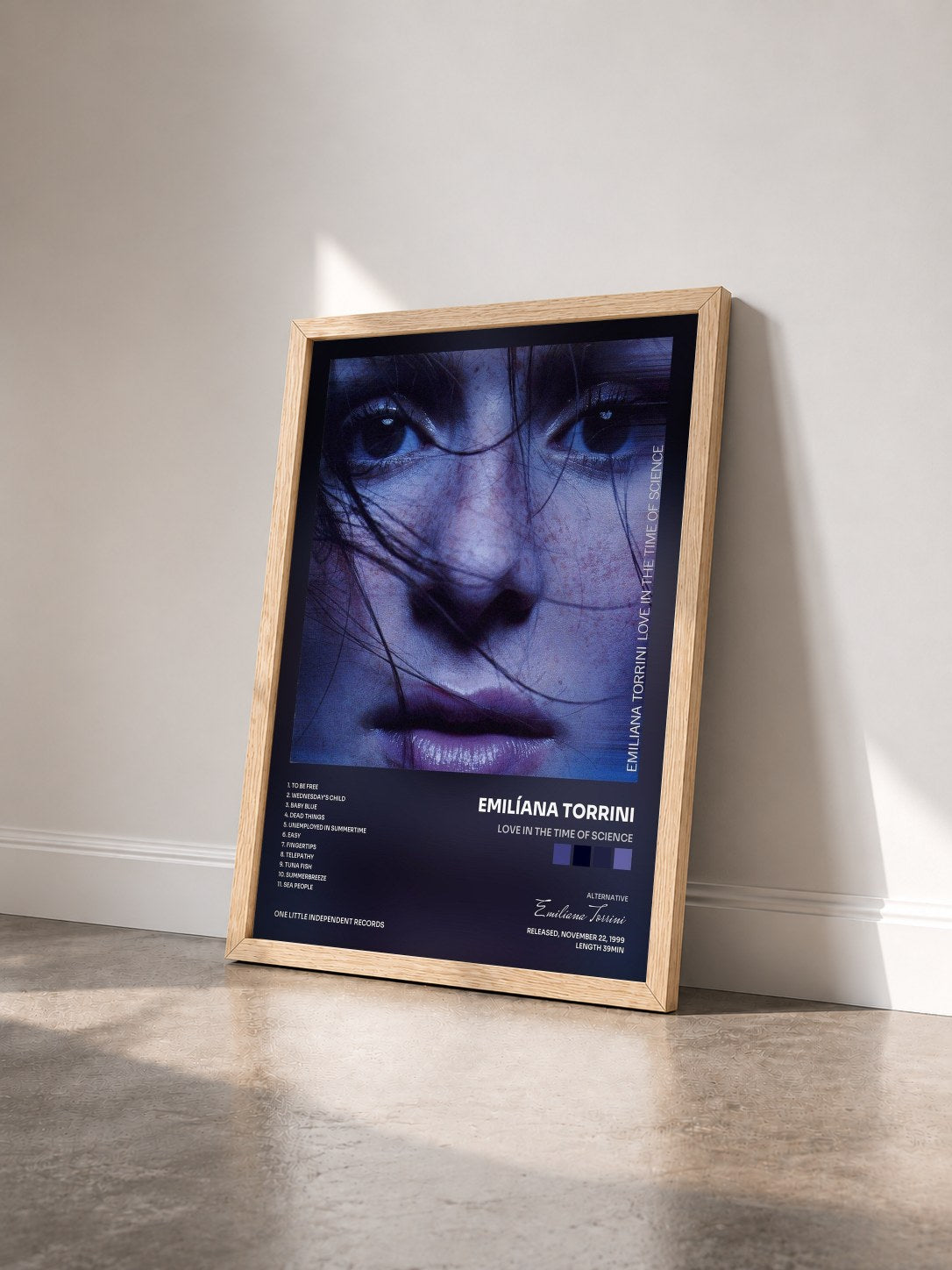 #bois Tableau de l'album Love In The Time Of Science de Emilíana Torrini vu de trois quarts, cadre en bois brut