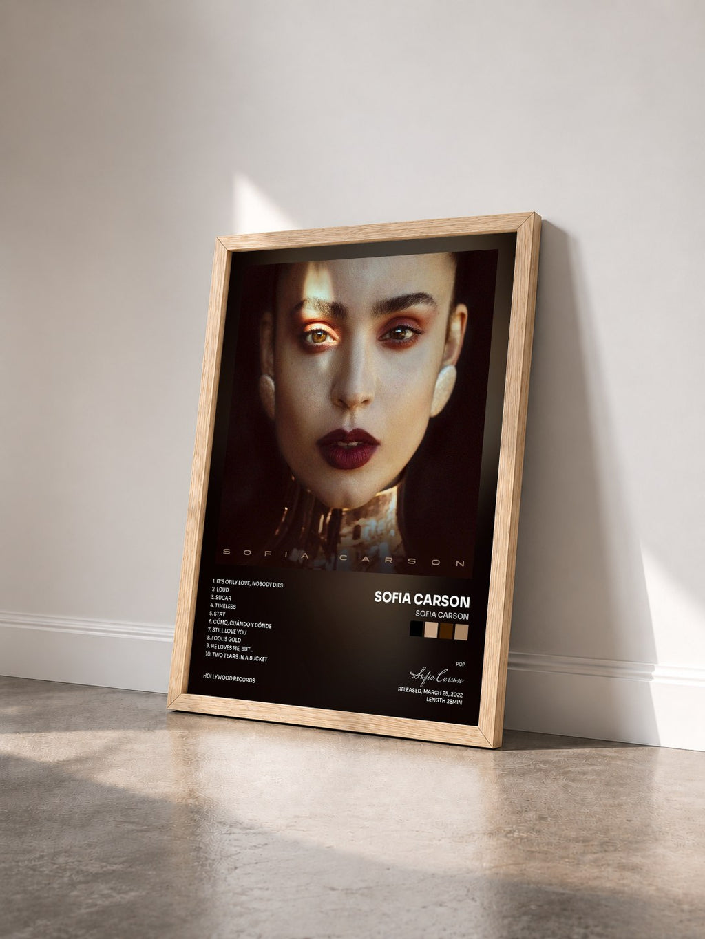 #bois Tableau de l'album Sofia Carson de Sofia Carson vu de trois quarts, cadre en bois brut