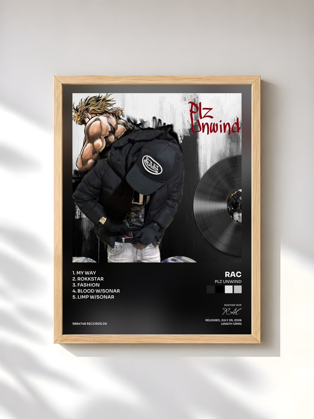 #bois Tableau de l'album Plz Unwind de RAC, cadre en bois brut, imprimé et encadré en France