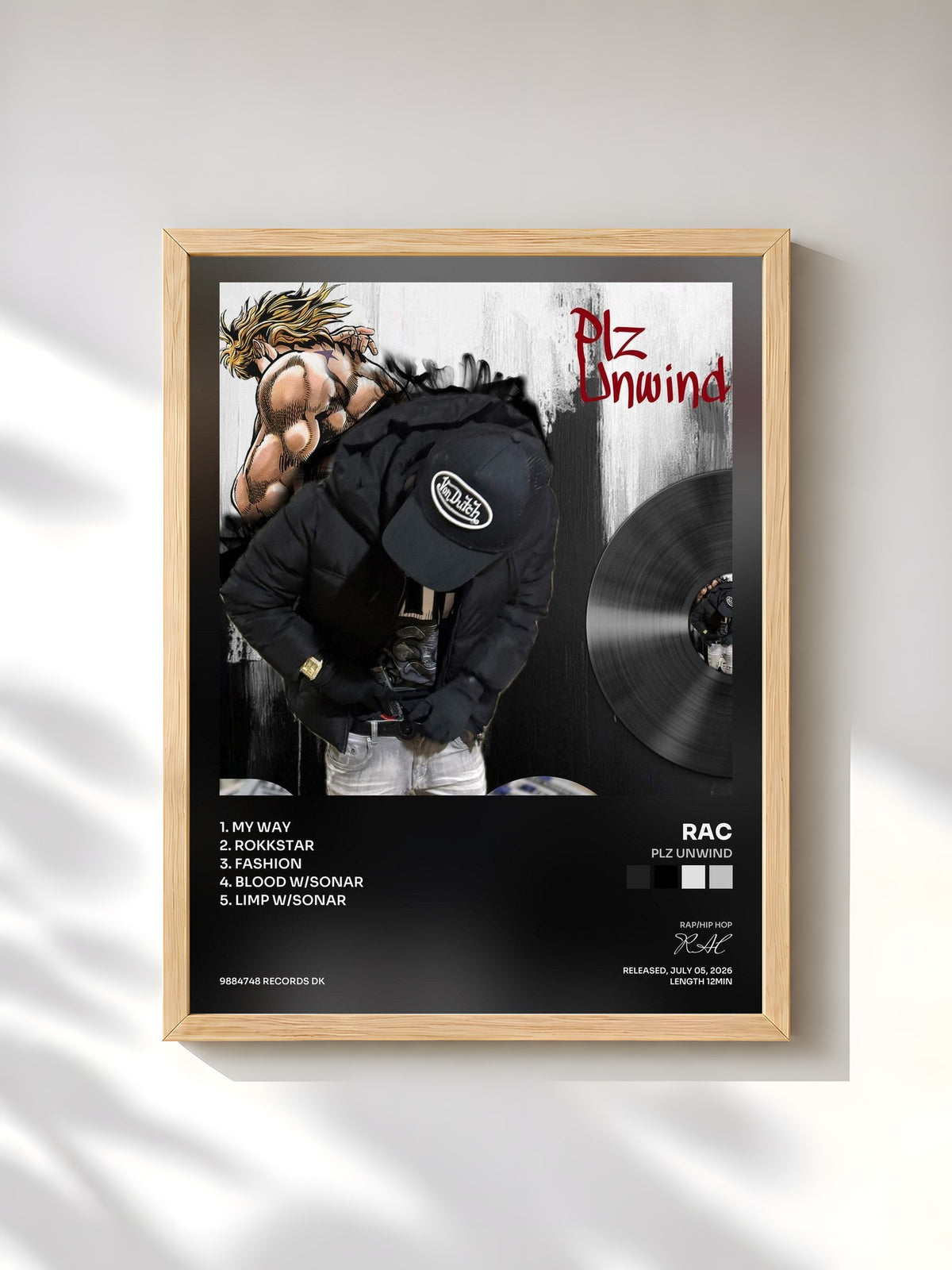 #bois Tableau de l'album Plz Unwind de RAC, cadre en bois brut, imprimé et encadré en France