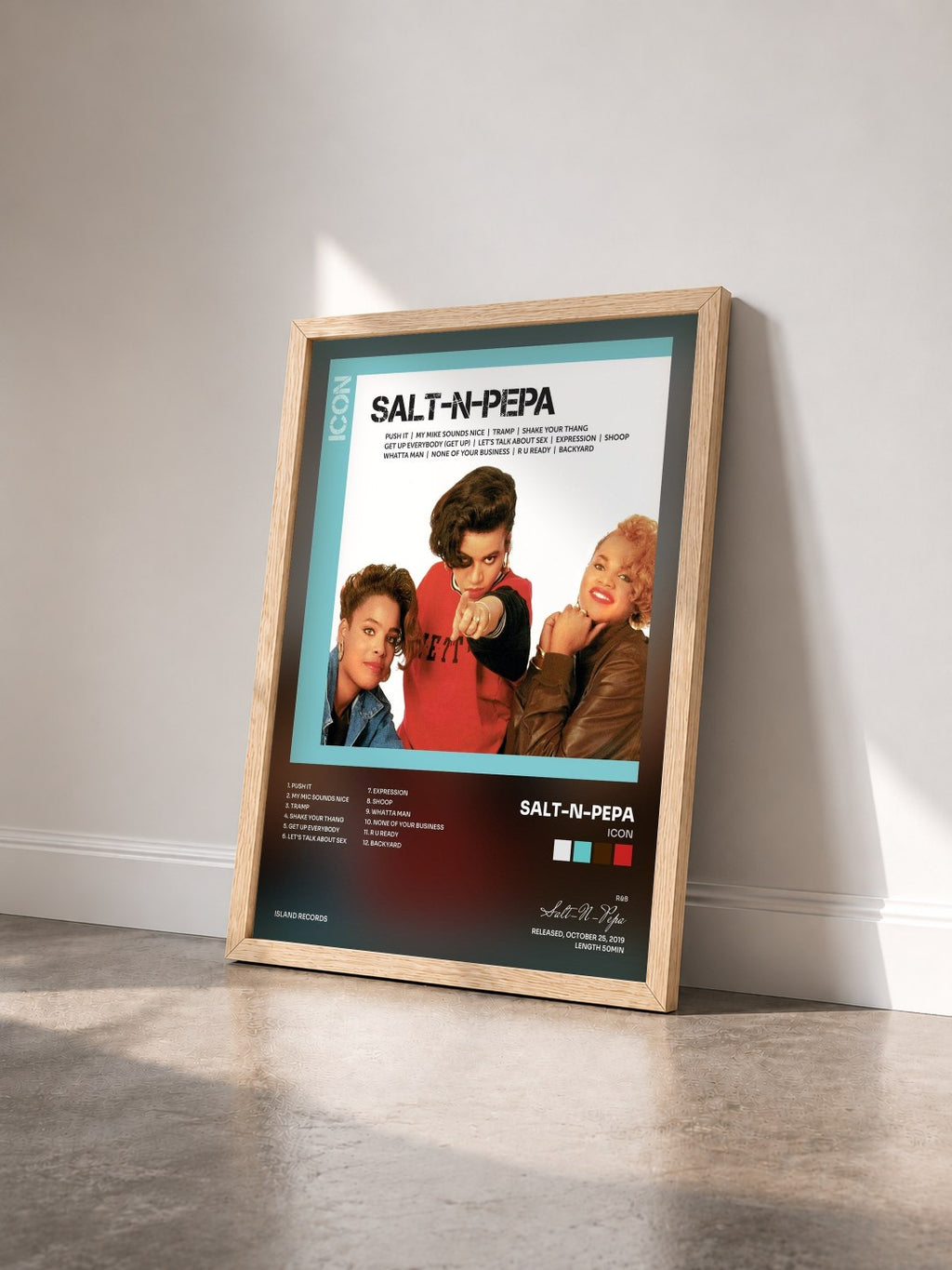 #bois Tableau de l'album ICON de Salt-N-Pepa vu de trois quarts, cadre en bois brut