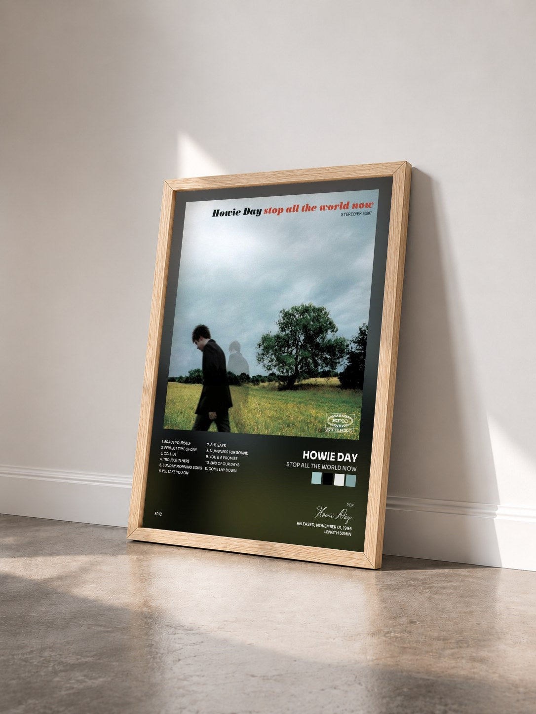 #bois Tableau de l'album Stop All The World Now de Howie Day vu de trois quarts, cadre en bois brut