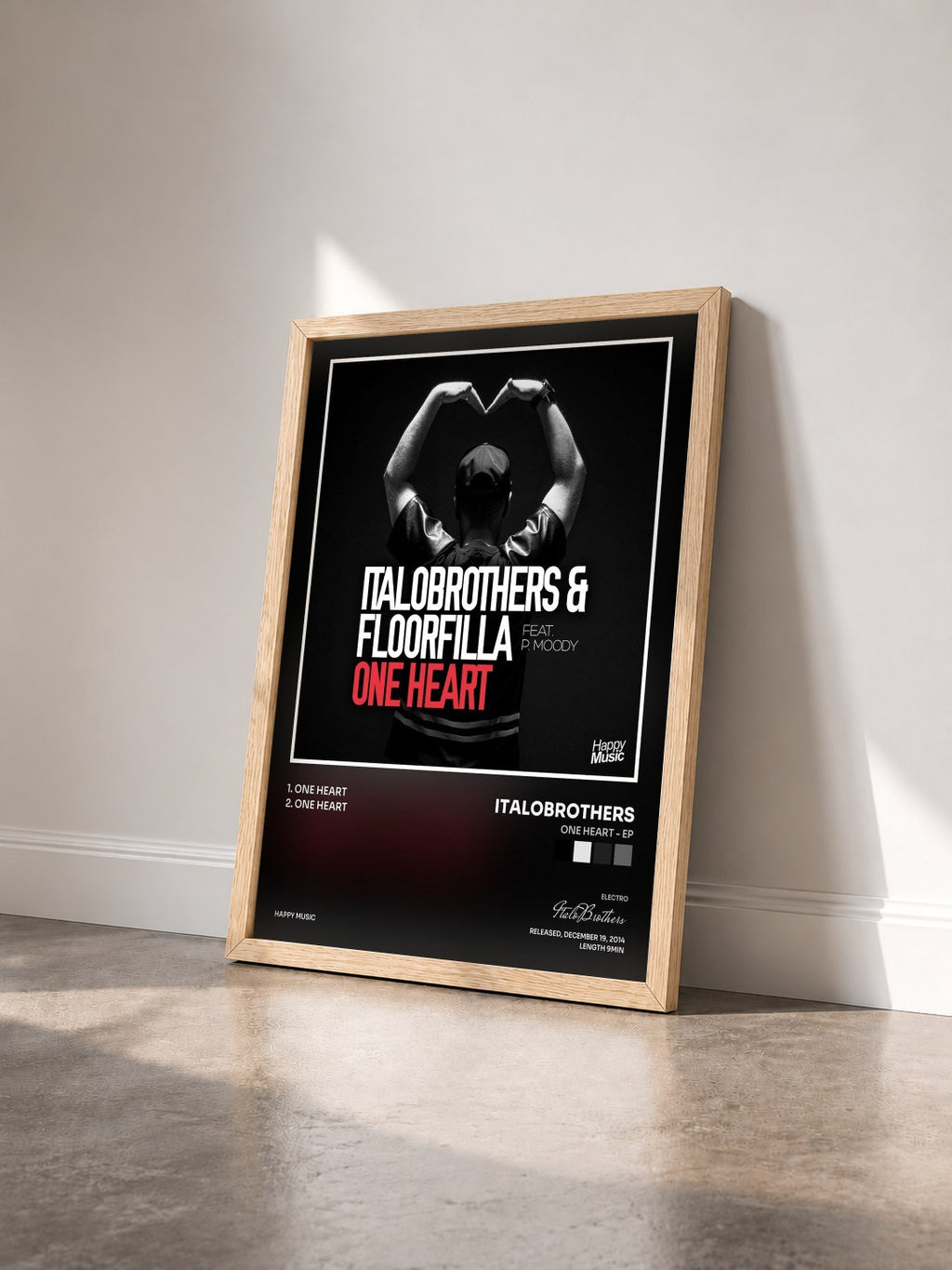 #bois Tableau de l'album One Heart - EP de ItaloBrothers vu de trois quarts, cadre en bois brut