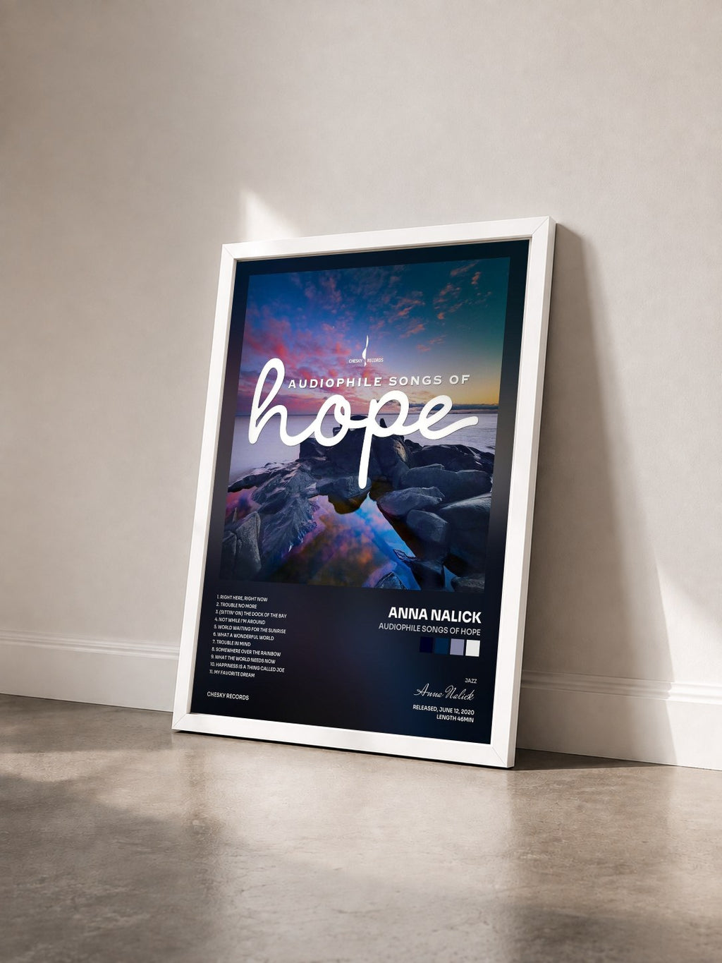 #blanc Tableau de l'album Audiophile Songs of Hope de Anna Nalick vu de trois quarts, cadre blanc