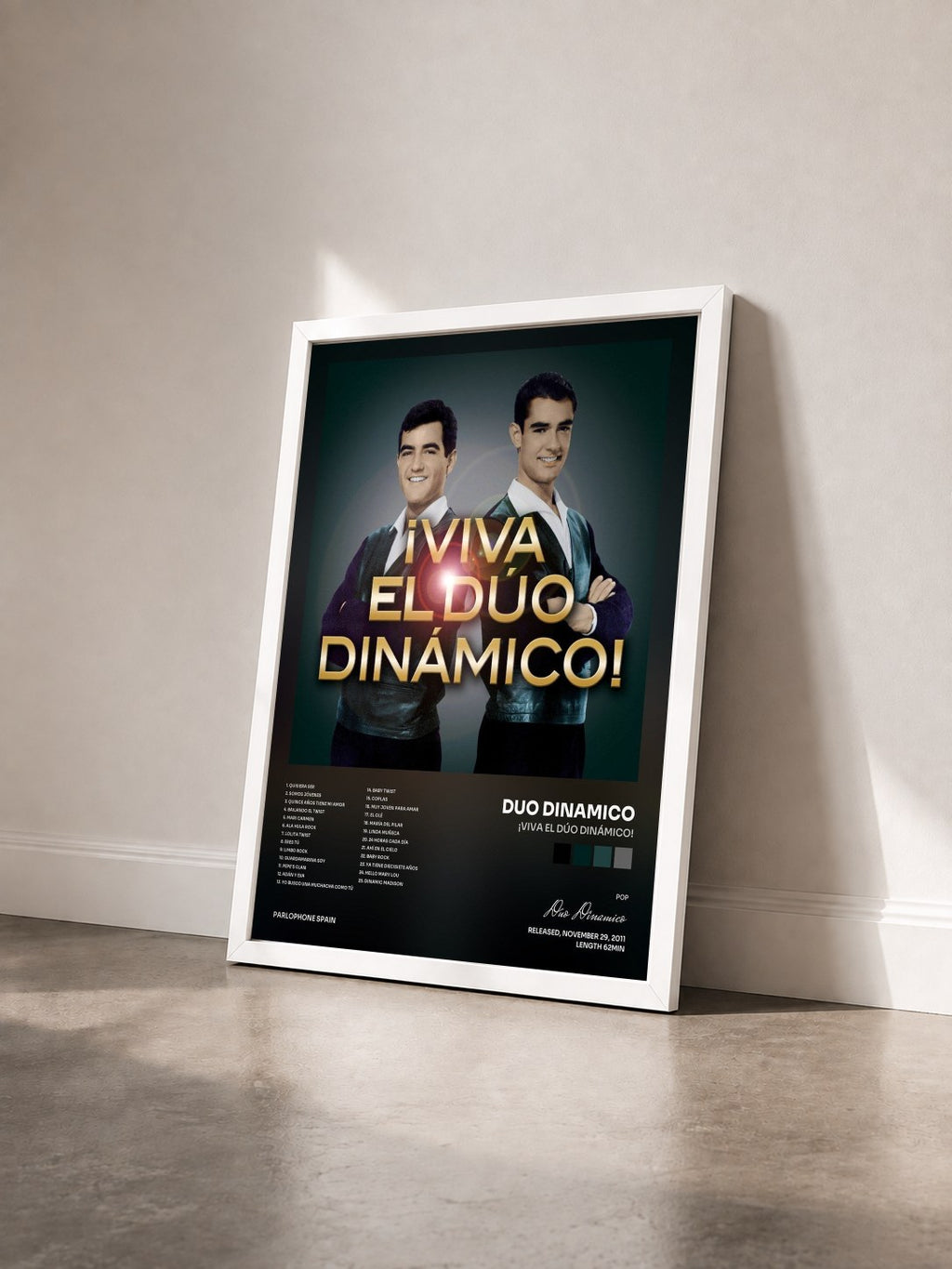 #blanc Tableau de l'album ¡Viva El Dúo Dinámico! de Duo Dinamico vu de trois quarts, cadre blanc