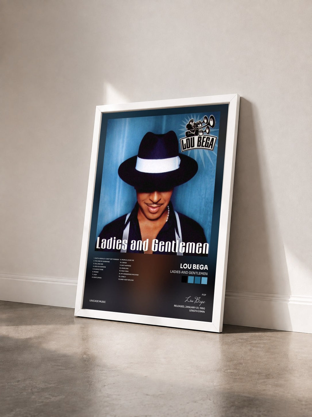 #blanc Tableau de l'album Ladies And Gentlemen de Lou Bega vu de trois quarts, cadre blanc