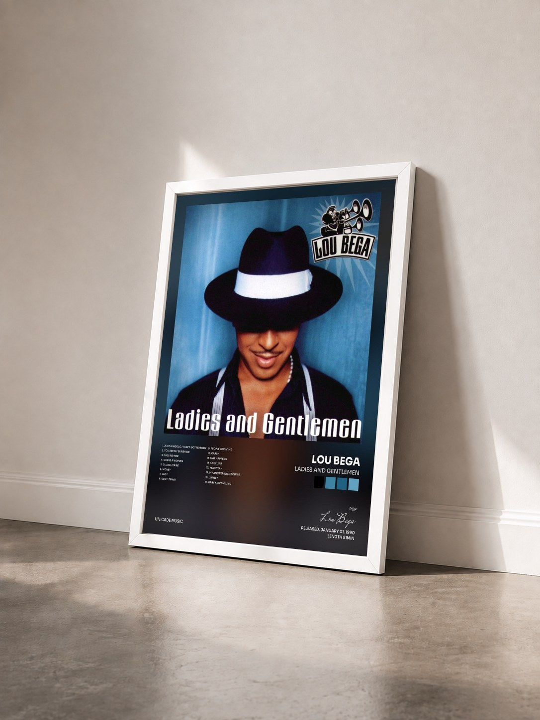 #blanc Tableau de l'album Ladies And Gentlemen de Lou Bega vu de trois quarts, cadre blanc