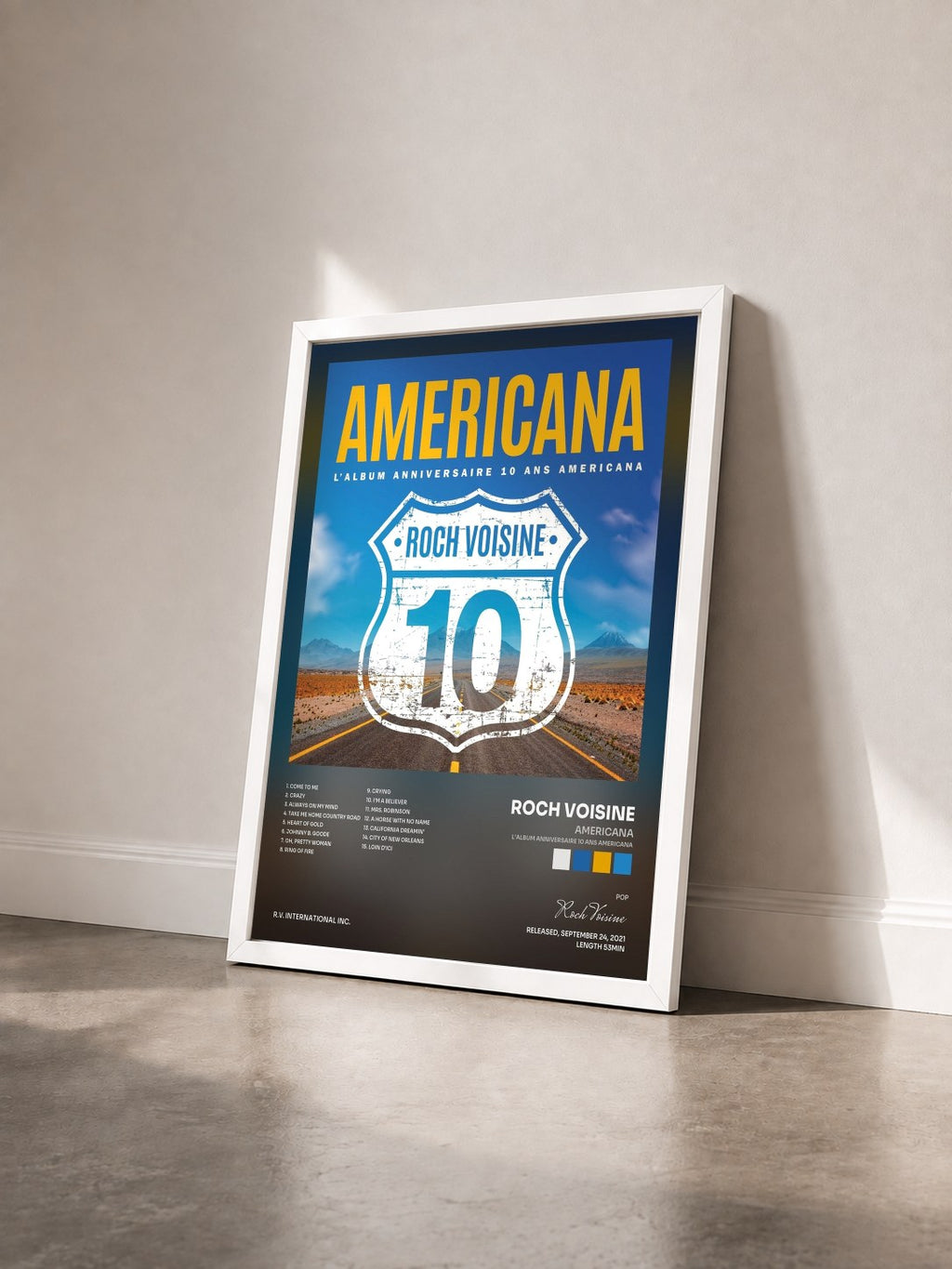 #blanc Tableau de l'album Americana (L'album anniversaire 10 ans Americana) de Roch Voisine vu de trois quarts, cadre blanc