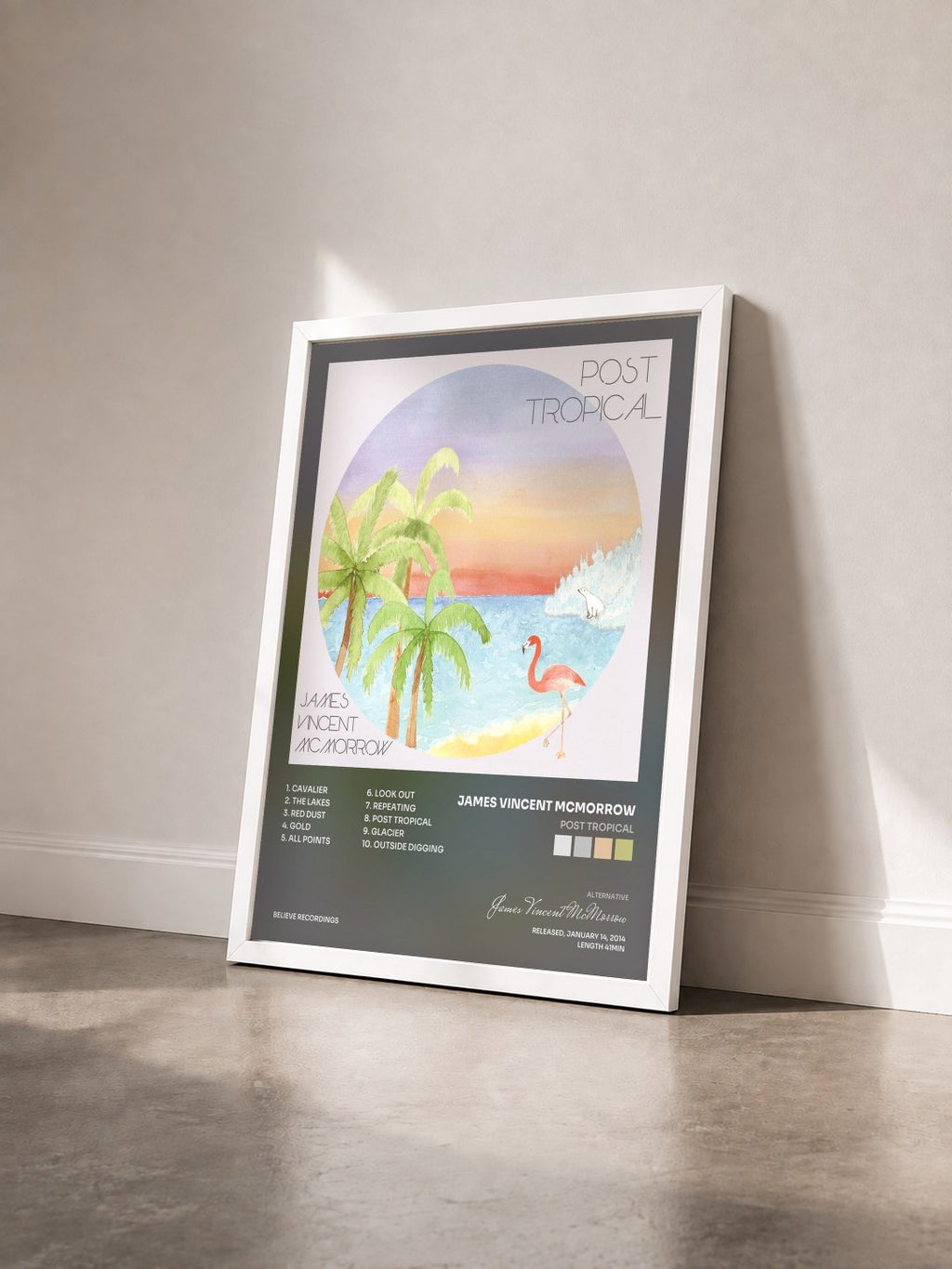 #blanc Tableau de l'album Post Tropical de James Vincent McMorrow vu de trois quarts, cadre blanc