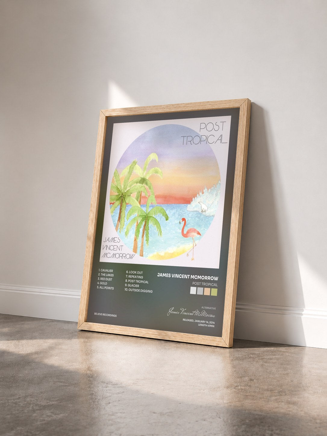 #bois Tableau de l'album Post Tropical de James Vincent McMorrow vu de trois quarts, cadre en bois brut