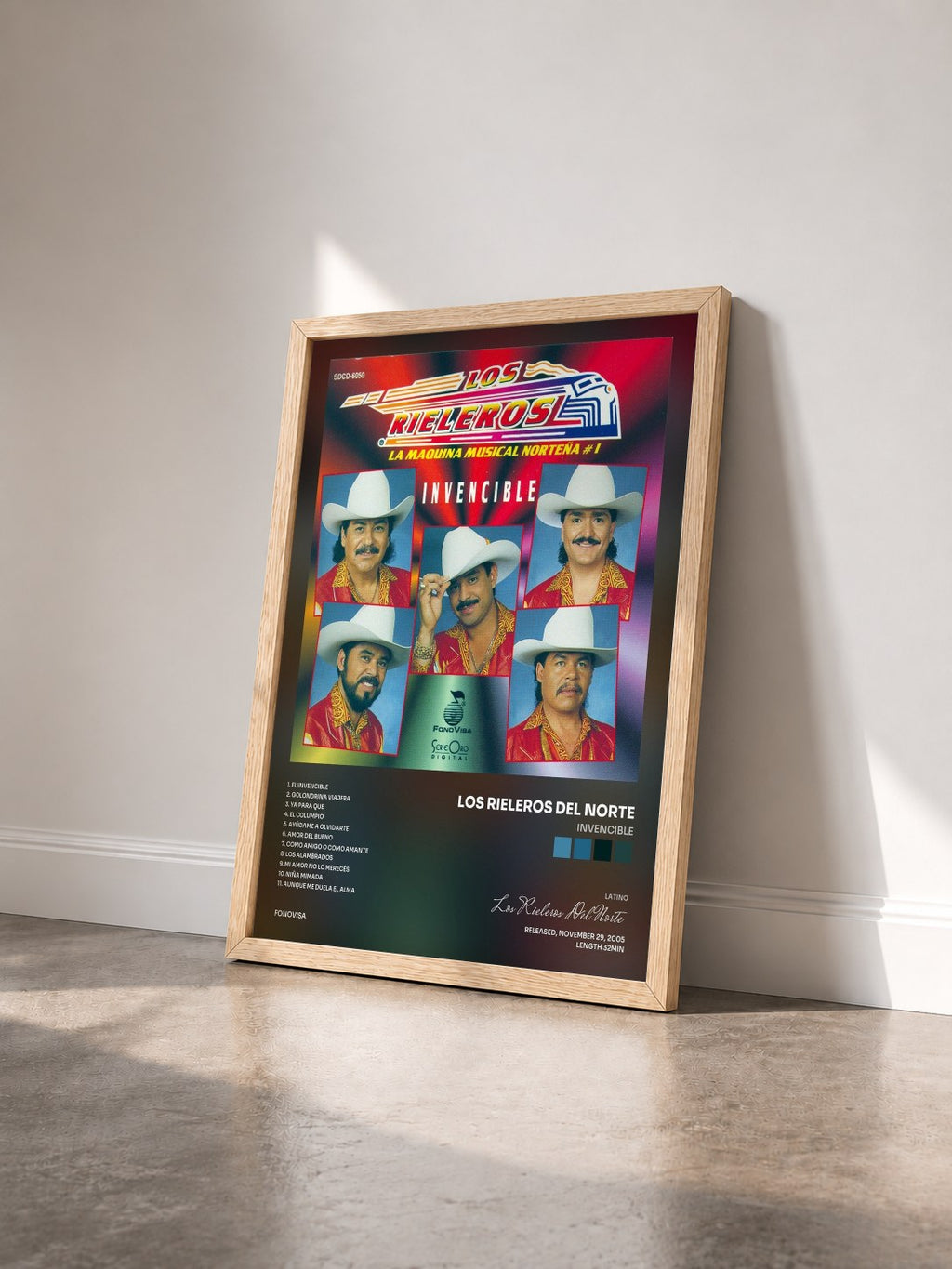 #bois Tableau de l'album Invencible de Los Rieleros Del Norte vu de trois quarts, cadre en bois brut