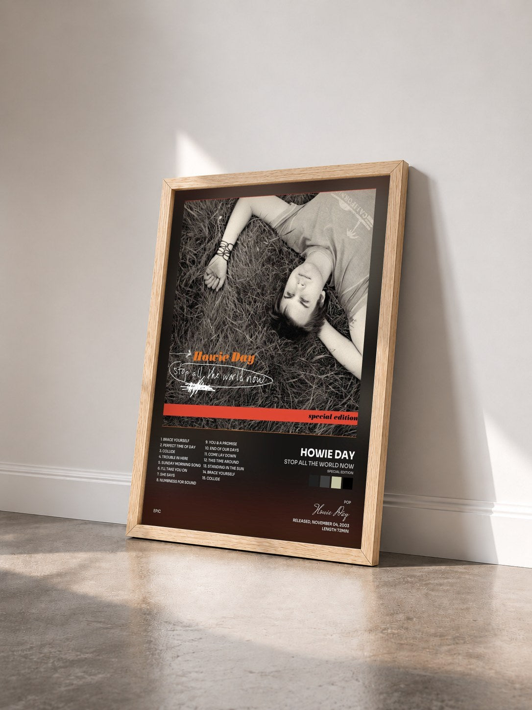 #bois Tableau de l'album Stop All the World Now (Special Edition) de Howie Day vu de trois quarts, cadre en bois brut