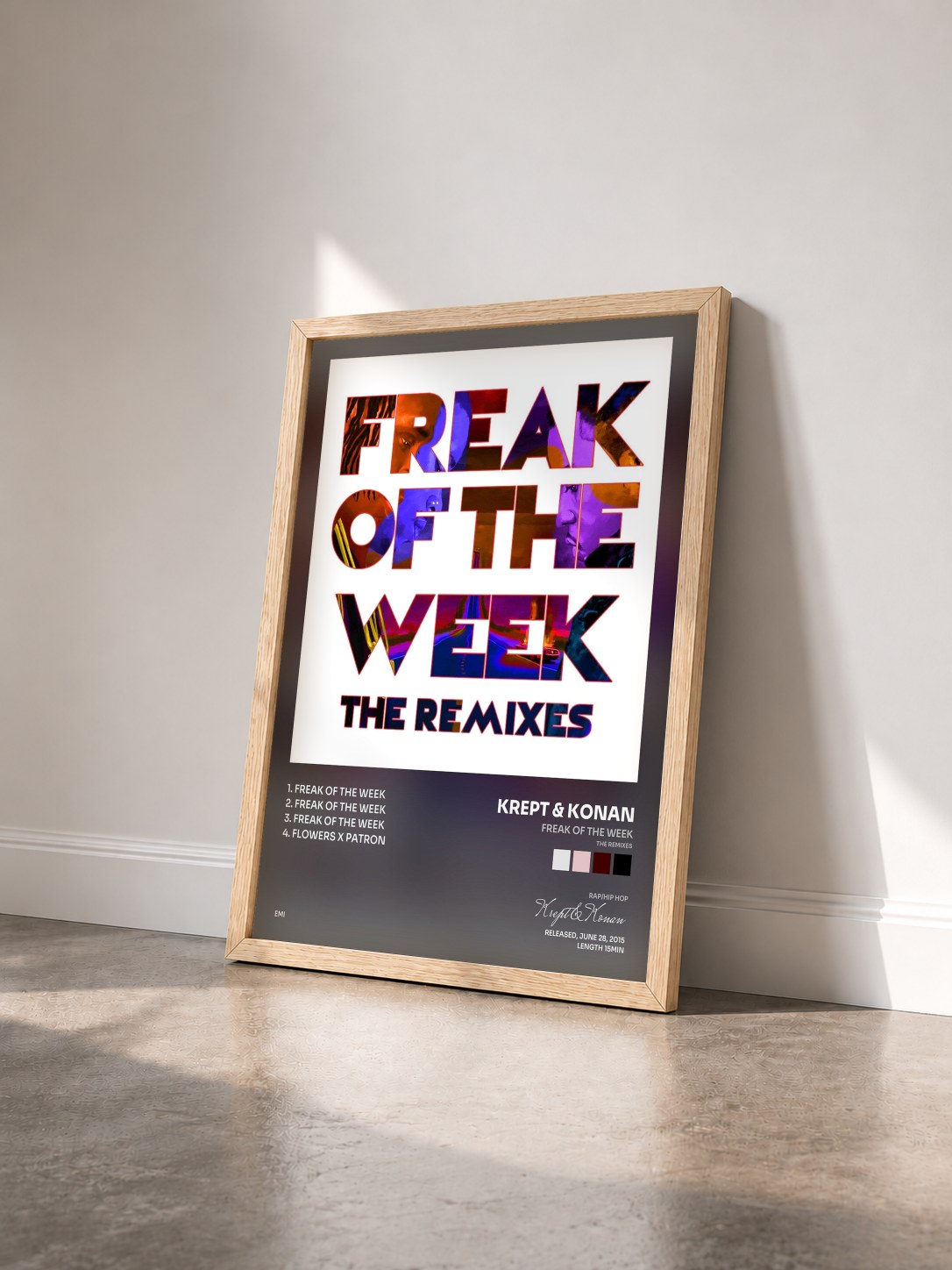 #bois Tableau de l'album Freak Of The Week (The Remixes) de Krept & Konan vu de trois quarts, cadre en bois brut