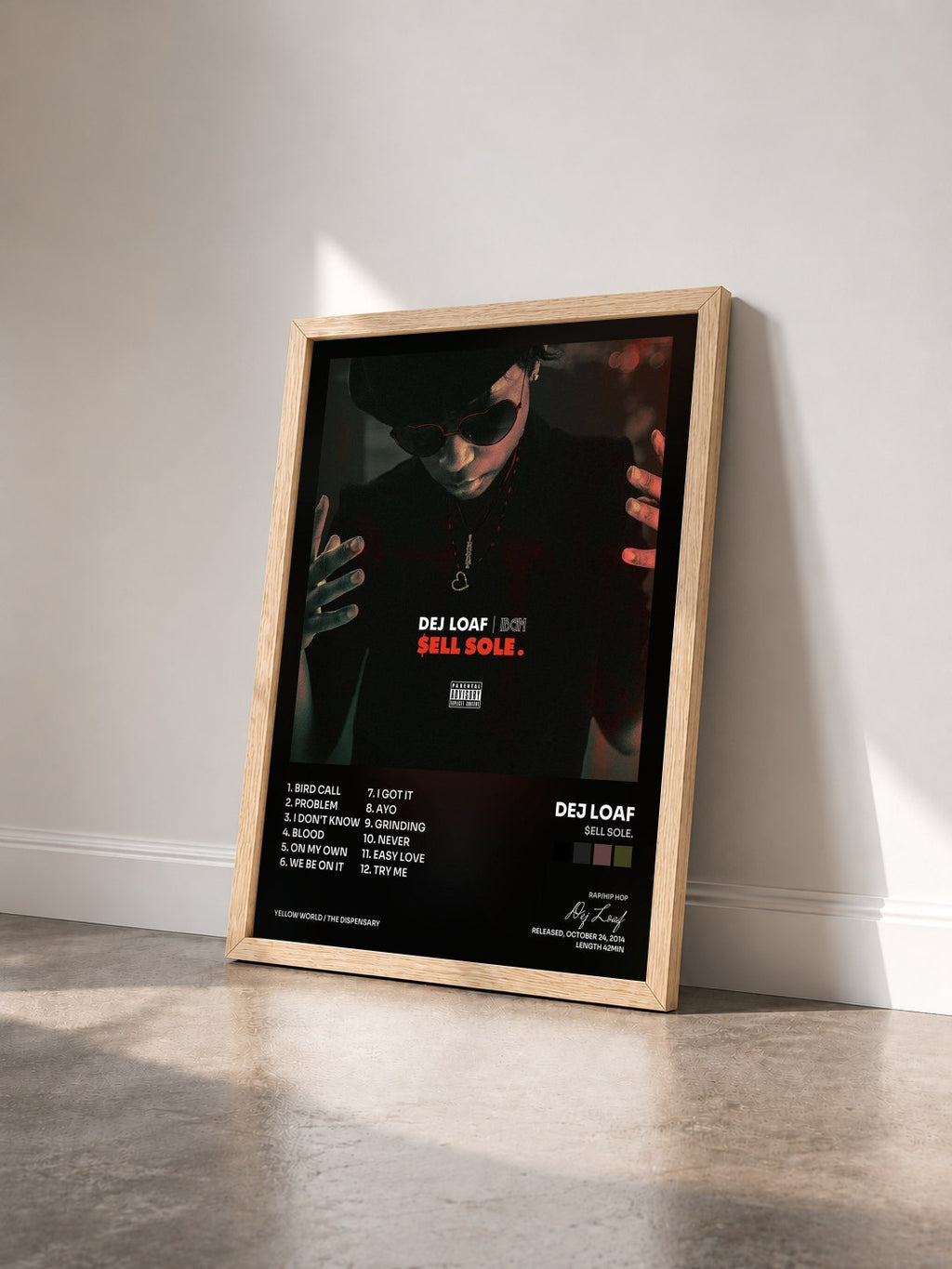 #bois Tableau de l'album $ell Sole. de Dej Loaf vu de trois quarts, cadre en bois brut