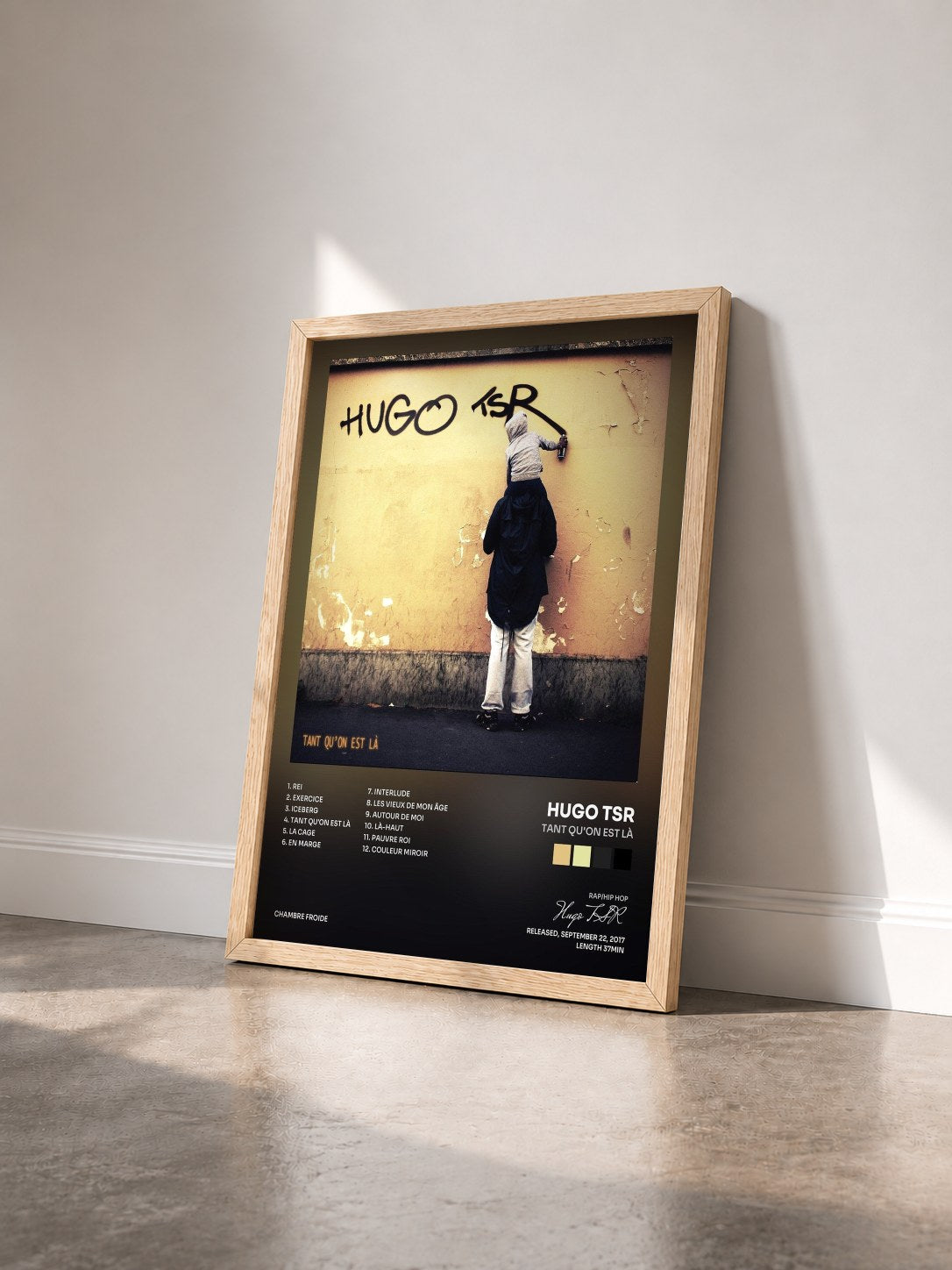 #bois Tableau de l'album Tant qu'on est là de Hugo TSR vu de trois quarts, cadre en bois brut