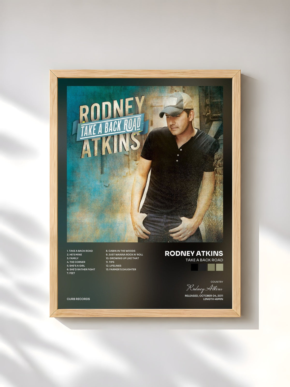 #bois Tableau de l'album Take A Back Road de Rodney Atkins, cadre en bois brut, imprimé et encadré en France