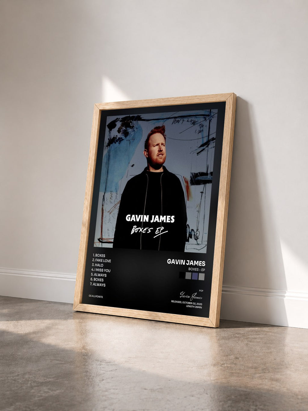 #bois Tableau de l'album Boxes - EP de Gavin James vu de trois quarts, cadre en bois brut