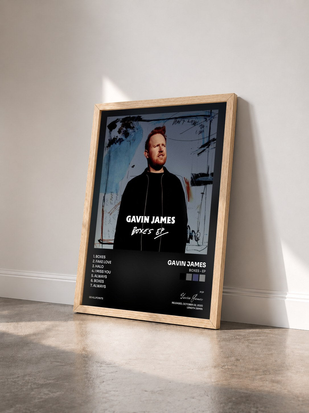 #bois Tableau de l'album Boxes - EP de Gavin James vu de trois quarts, cadre en bois brut