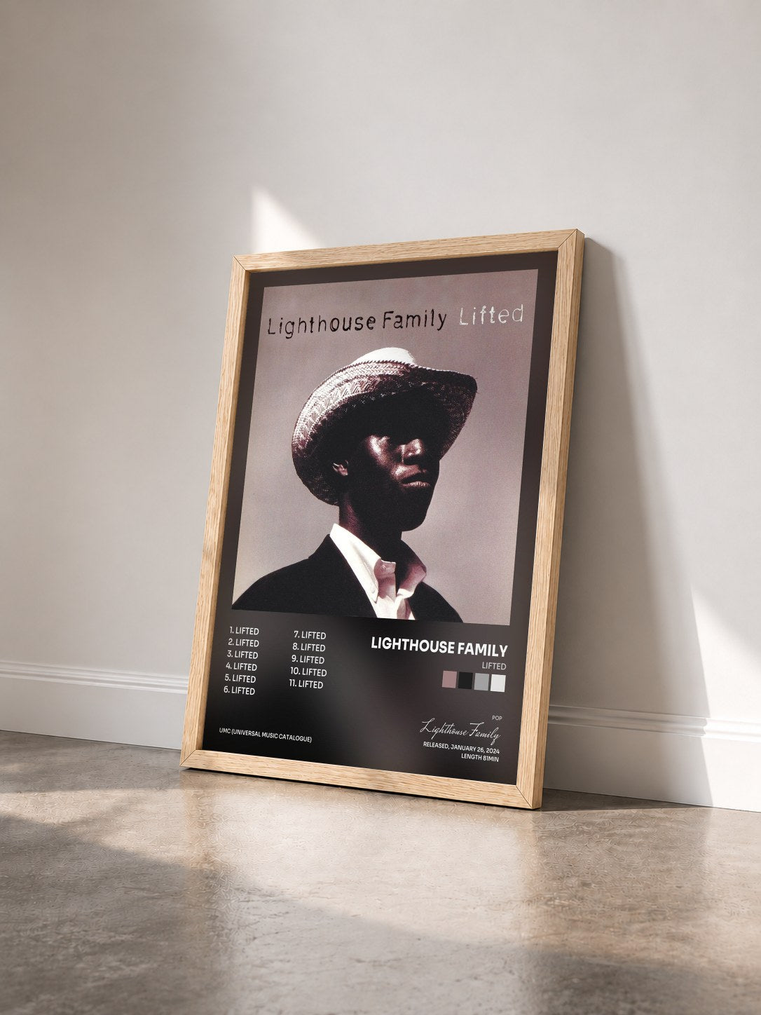 #bois Tableau de l'album Lifted de Lighthouse Family vu de trois quarts, cadre en bois brut