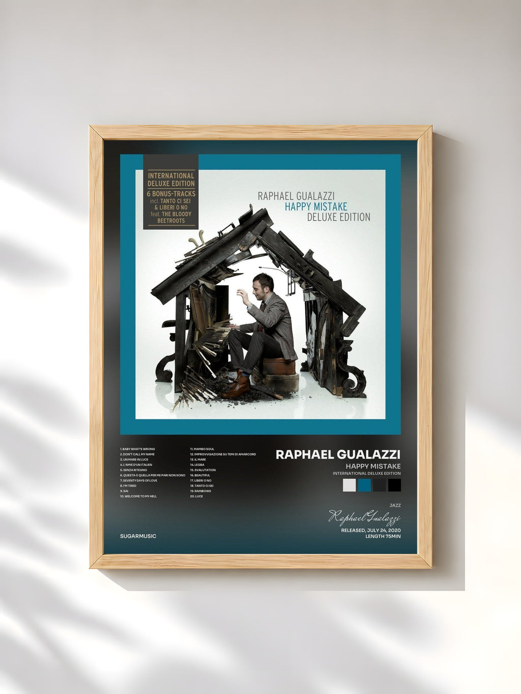 #bois Tableau de l'album Happy Mistake (International Deluxe Edition) de Raphael Gualazzi, cadre en bois brut, imprimé et encadré en France