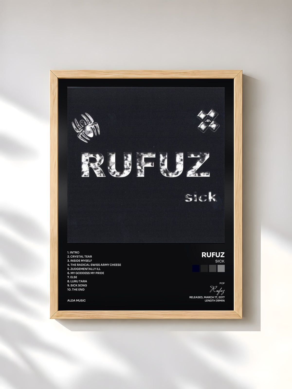 #bois Tableau de l'album Sick de Rufuz, cadre en bois brut, imprimé et encadré en France