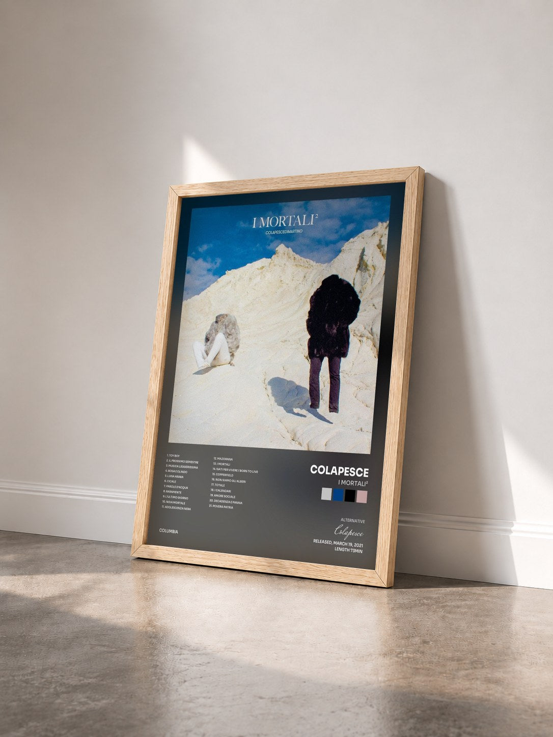 #bois Tableau de l'album I Mortali² de Colapesce vu de trois quarts, cadre en bois brut