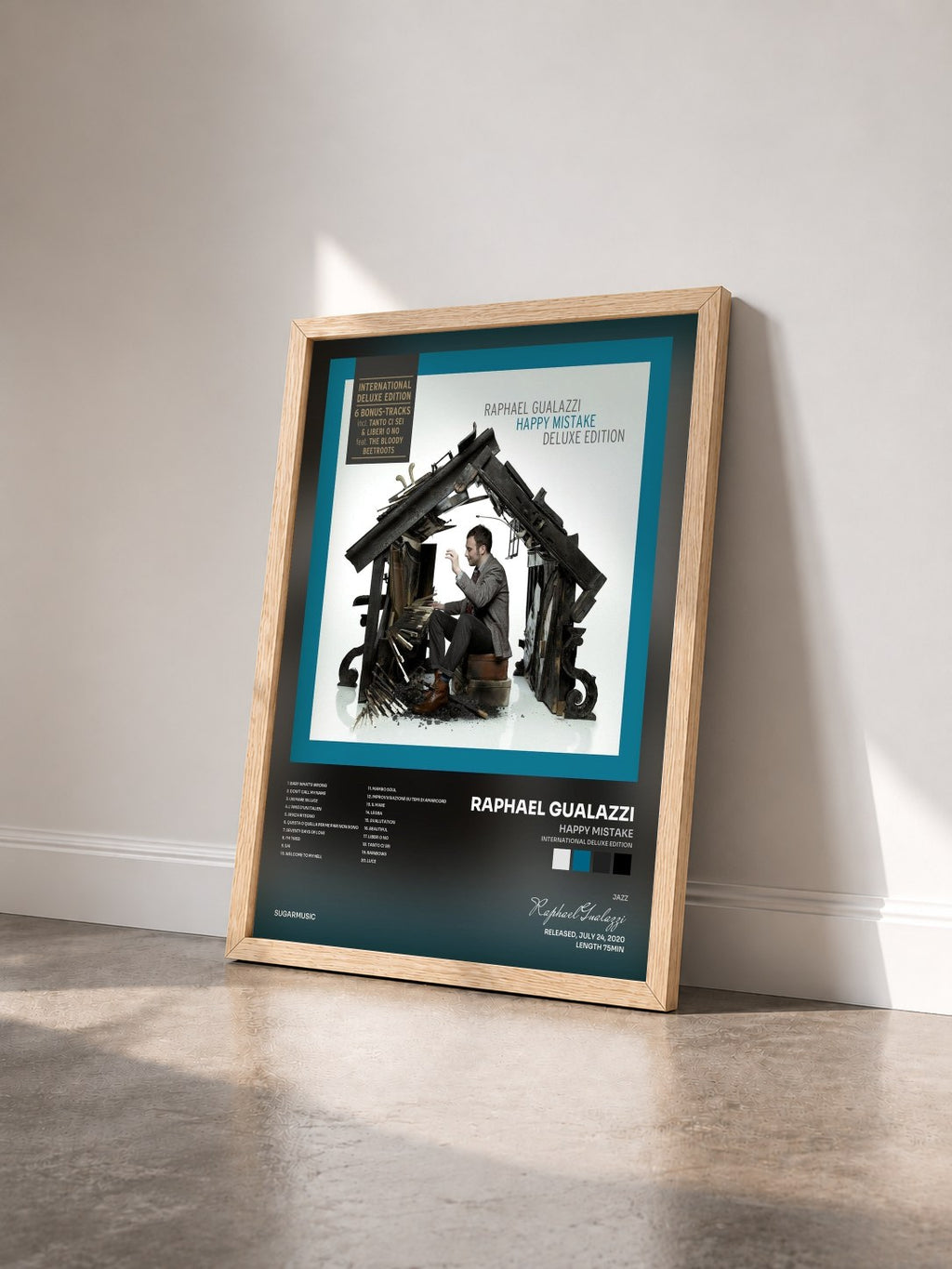 #bois Tableau de l'album Happy Mistake (International Deluxe Edition) de Raphael Gualazzi vu de trois quarts, cadre en bois brut